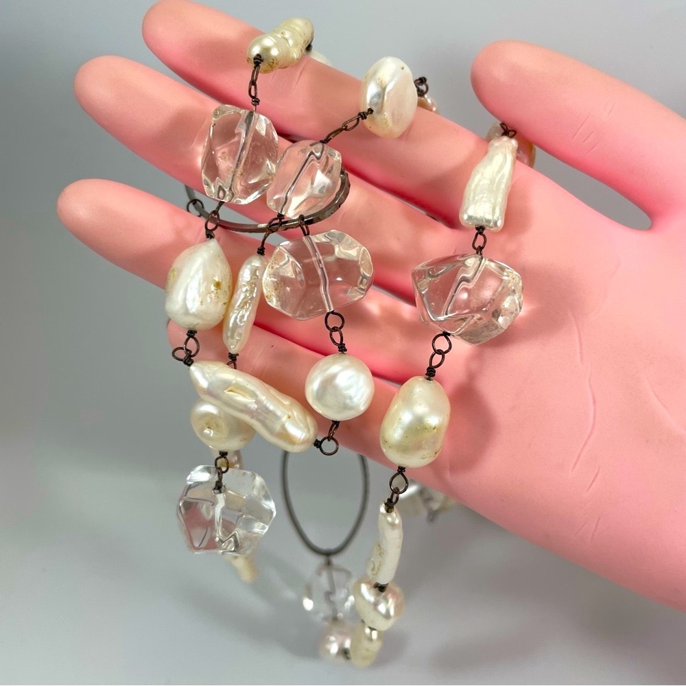 White Freshwater Pearls Crystal Clear Quartz Beaded Gunmetal Chain Necklace